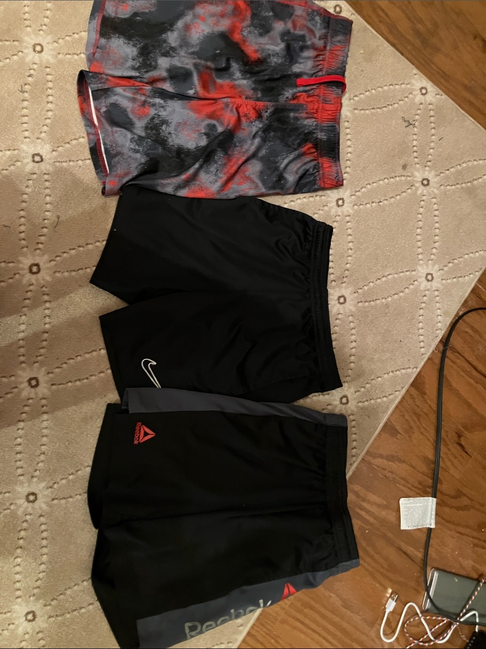Nike Kids Black Athletic Shorts with Red/Gray Patterned Pair